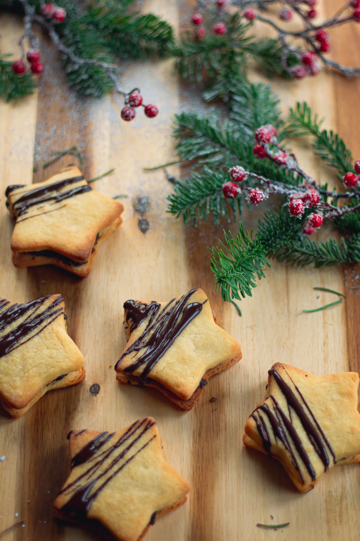 close-up of hazelnut sandwich cookies with chocolate filling