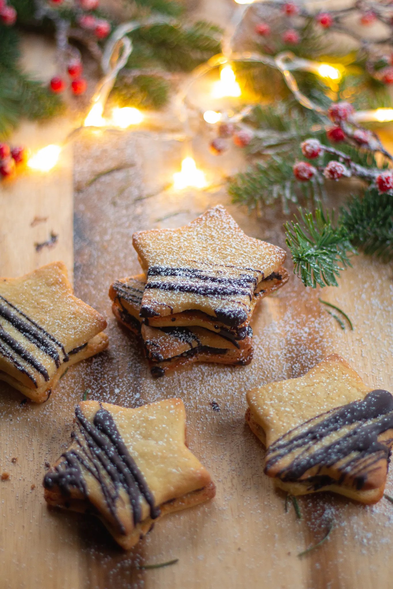 close-up of hazelnut sandwich cookies with chocolate filling