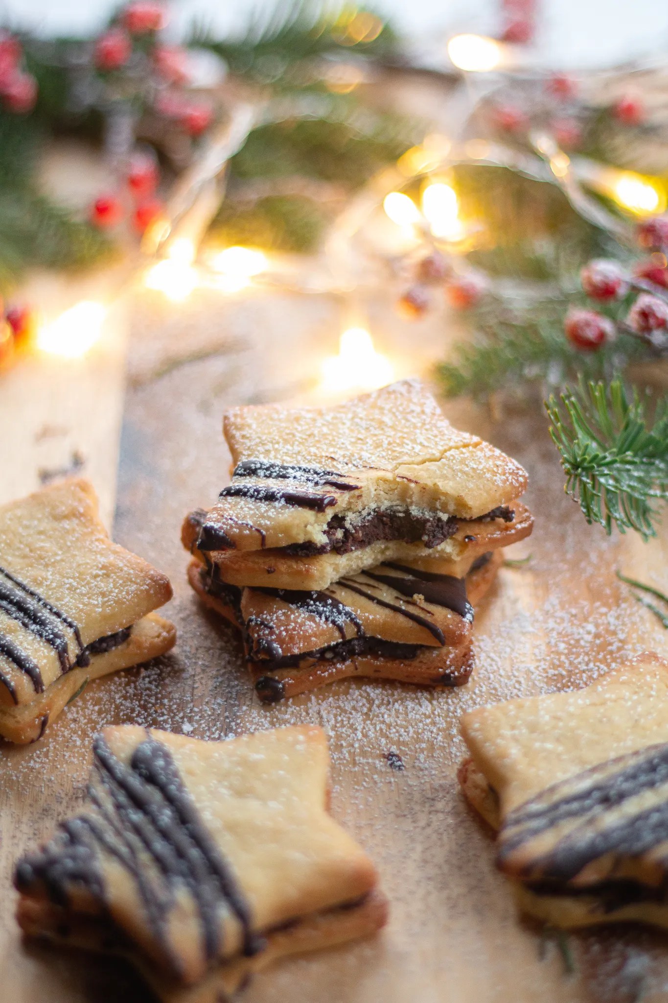 close-up of hazelnut sandwich cookies with chocolate filling