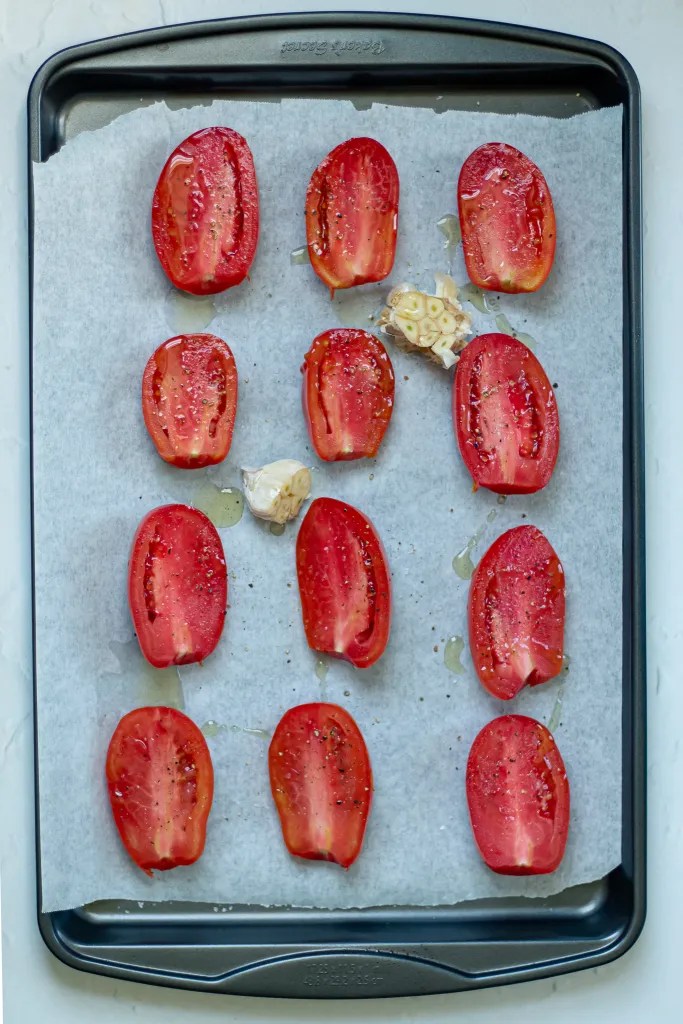 tomato halves on a sheet pan before going into the oven