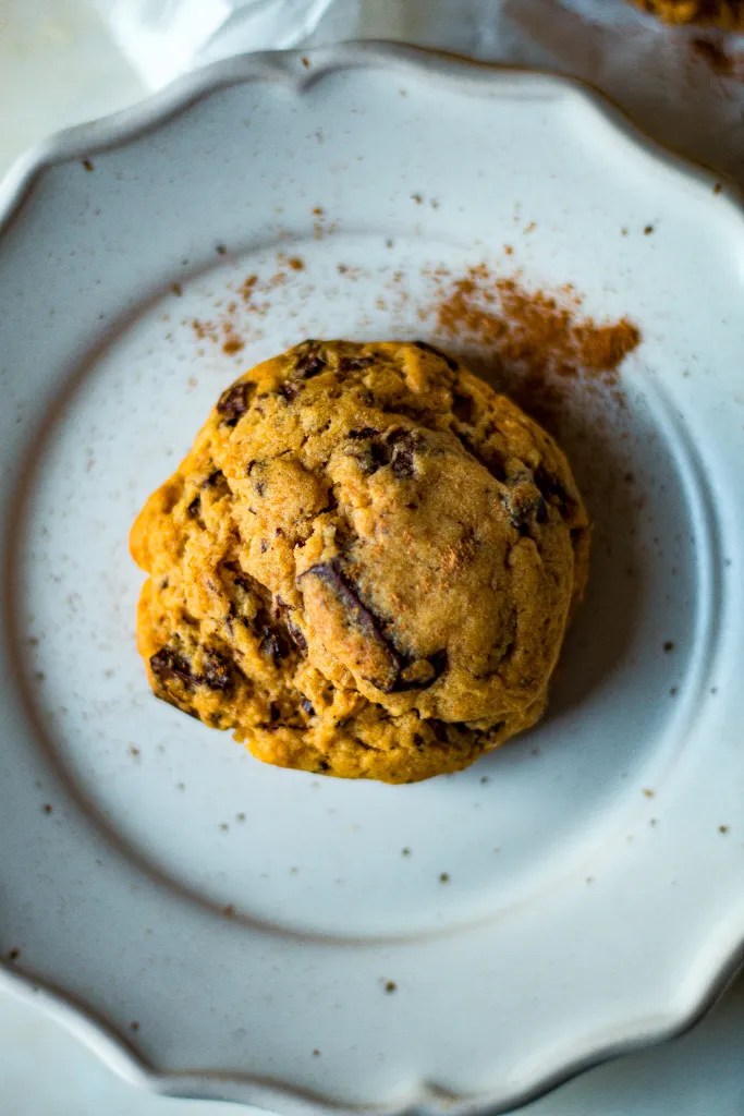closeup shot of pumpkin chocolate chip cookie on a plate