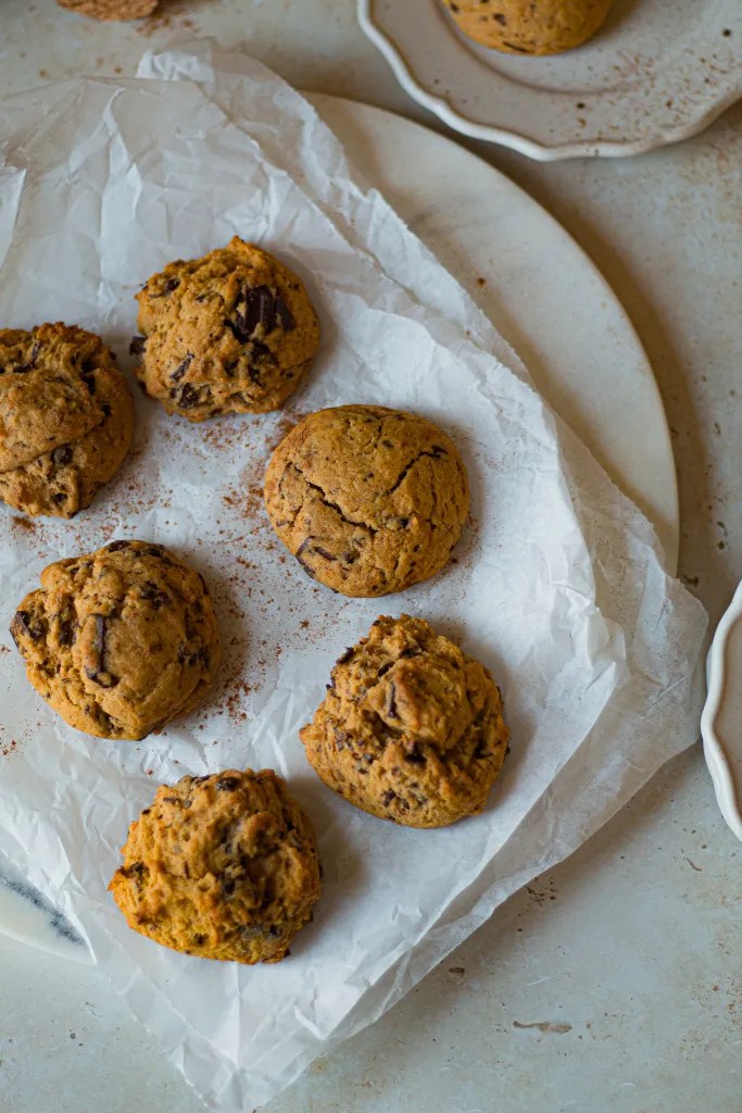 pumpkin chocolate chip cookies served on a platter