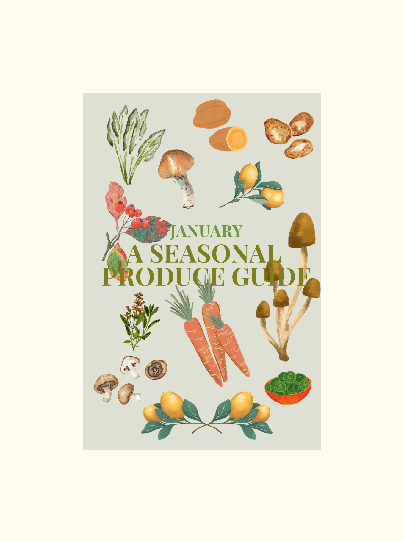 A colorful assortment of January seasonal produce, including oranges, potatoes, and carrots.
