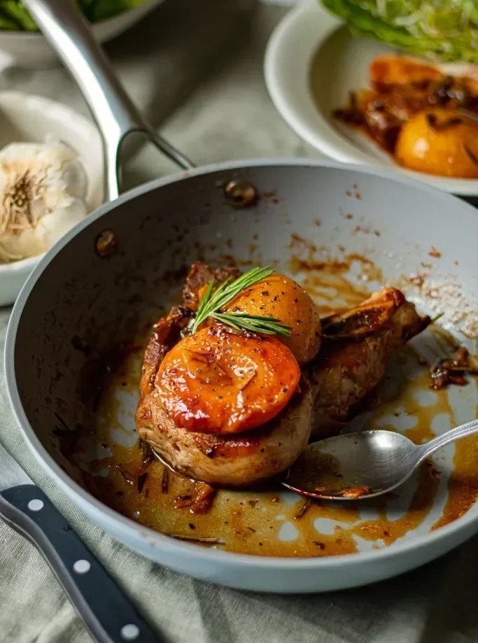 pork chops topped with caramelized peaches and rosemary
