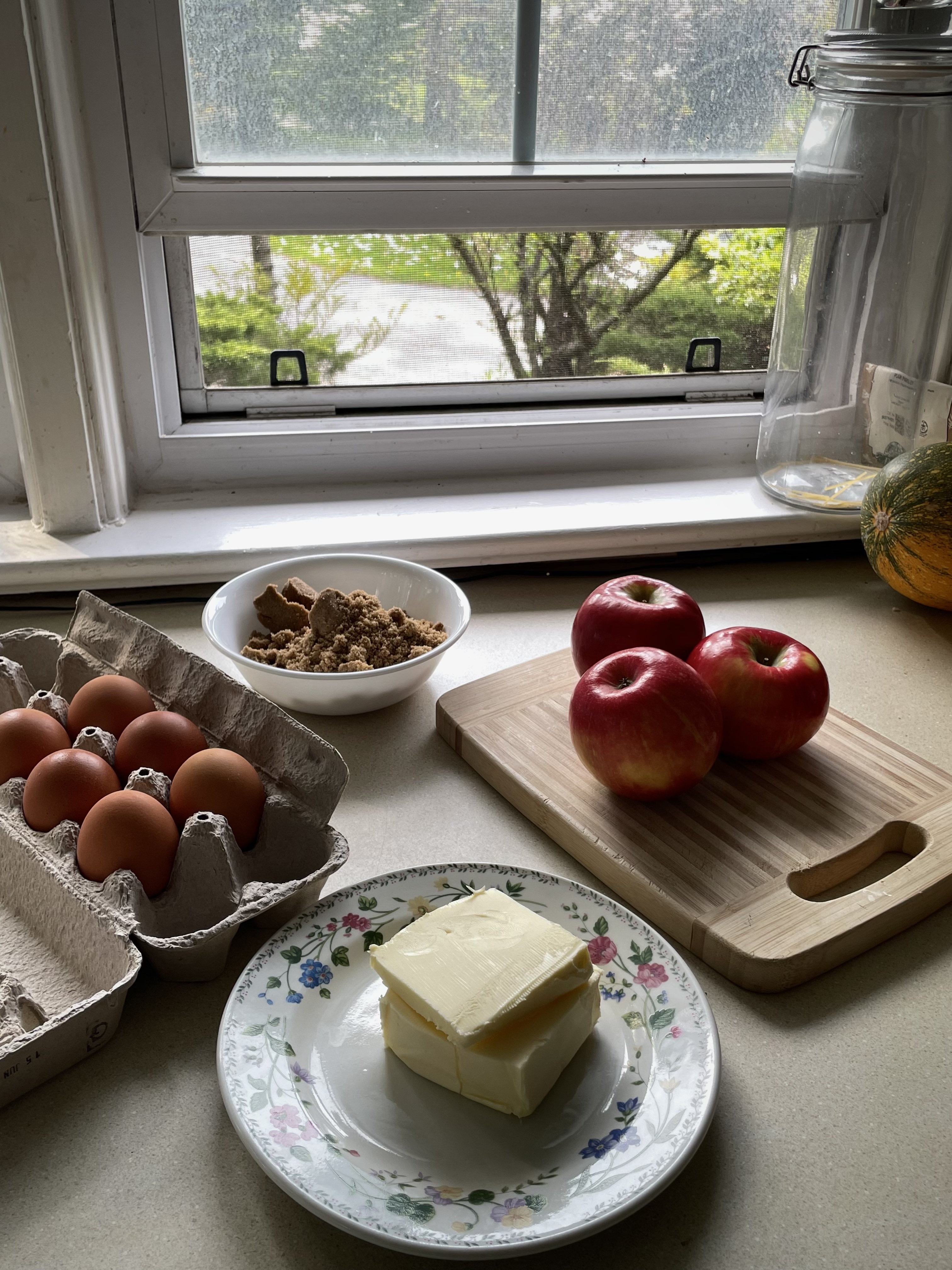 butter, eggs, and apples for apple tea cake