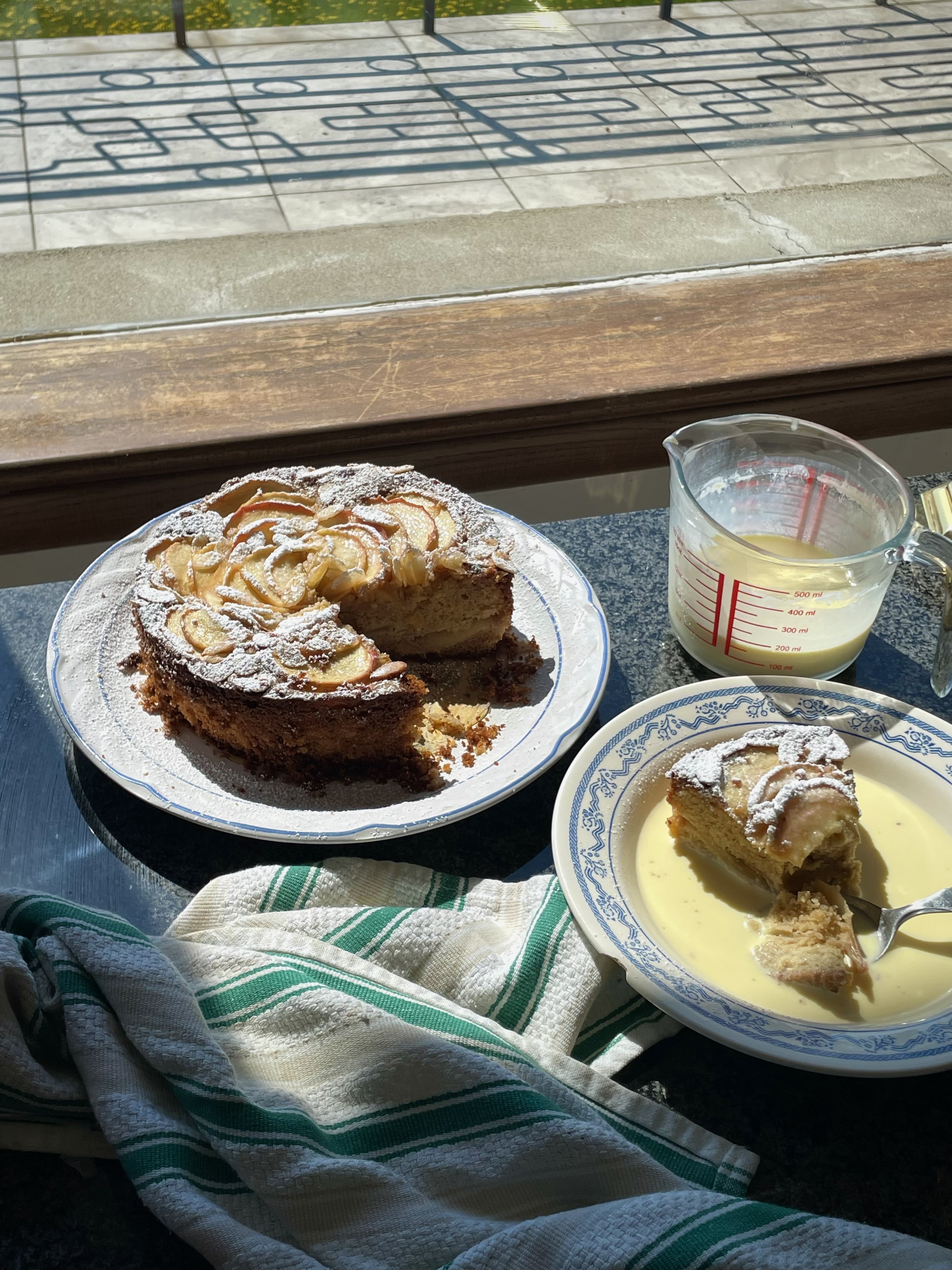 apple tea cake served with homemade vanilla custard