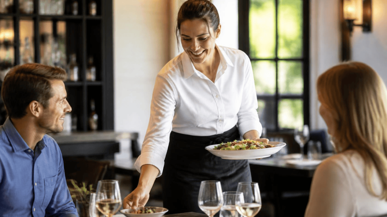 Restaurant server attending to customers at a table in an American restaurant.