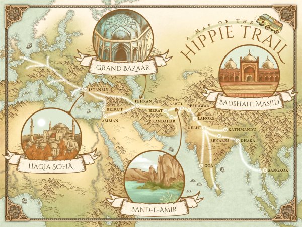 Map of the Hippie Trail across south and central Asia