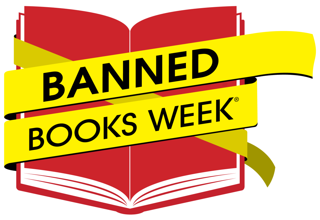 Red book wrapped in yellow caution tape that says "Banned Books Week"