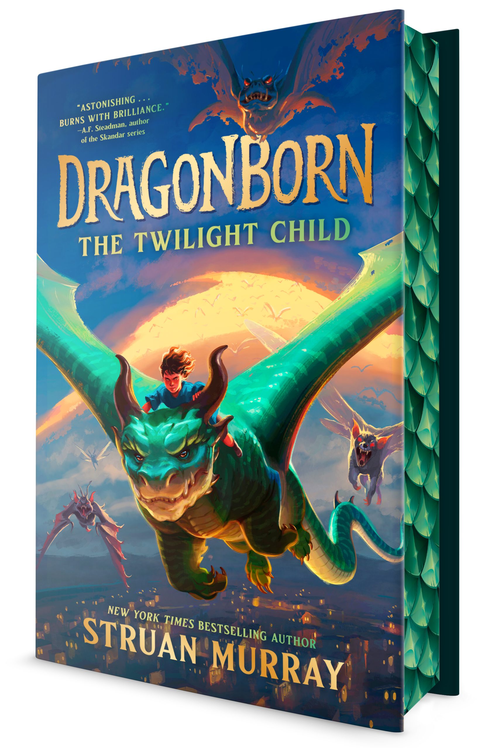 Book cover Dragonborn: Twilight Child featuring a bright green dragon with a small person astride