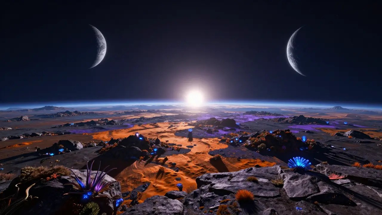 Cinematic view of a rocky habitable-zone exoplanet surface with two moons and alien bioluminescent vegetation