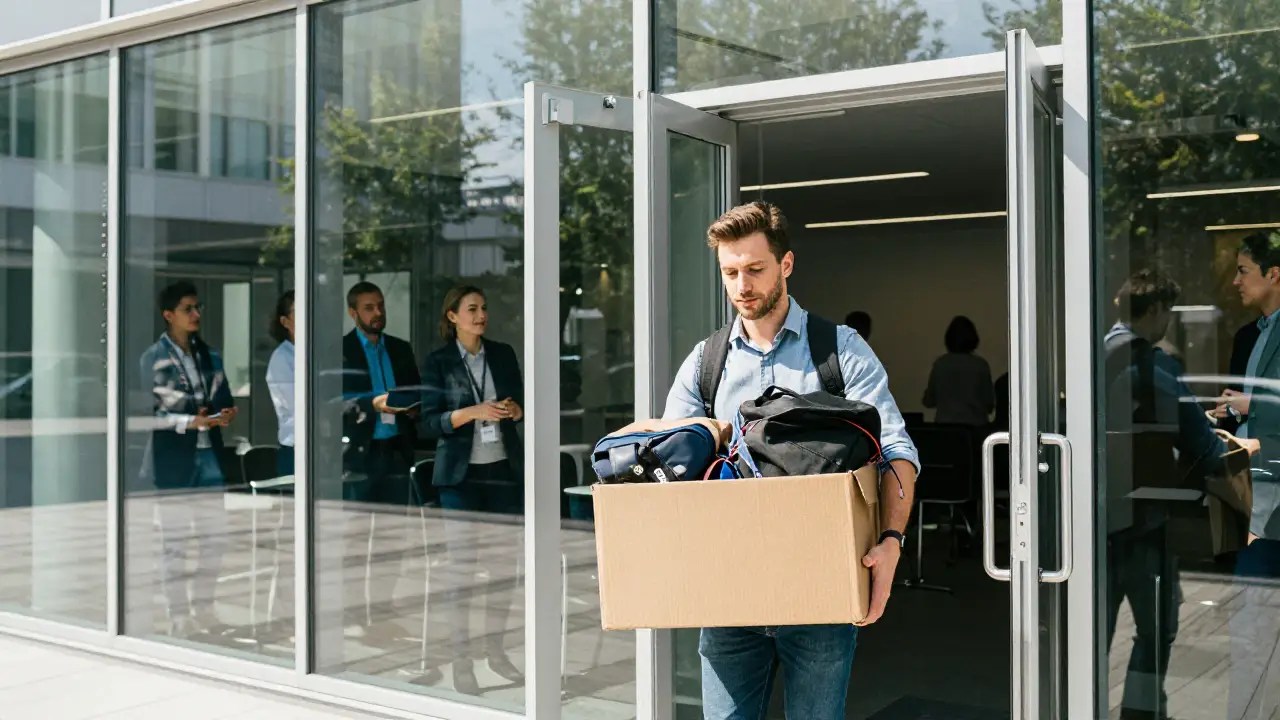 Tech worker carrying a cardboard box out of a modern glass office building after layoffs
