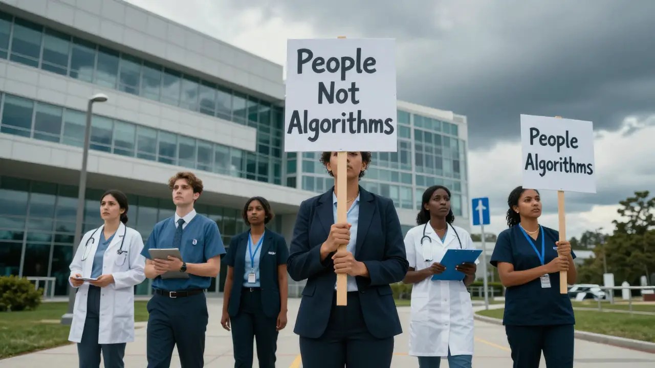 Healthcare workers holding People Not Algorithms protest signs outside a hospital