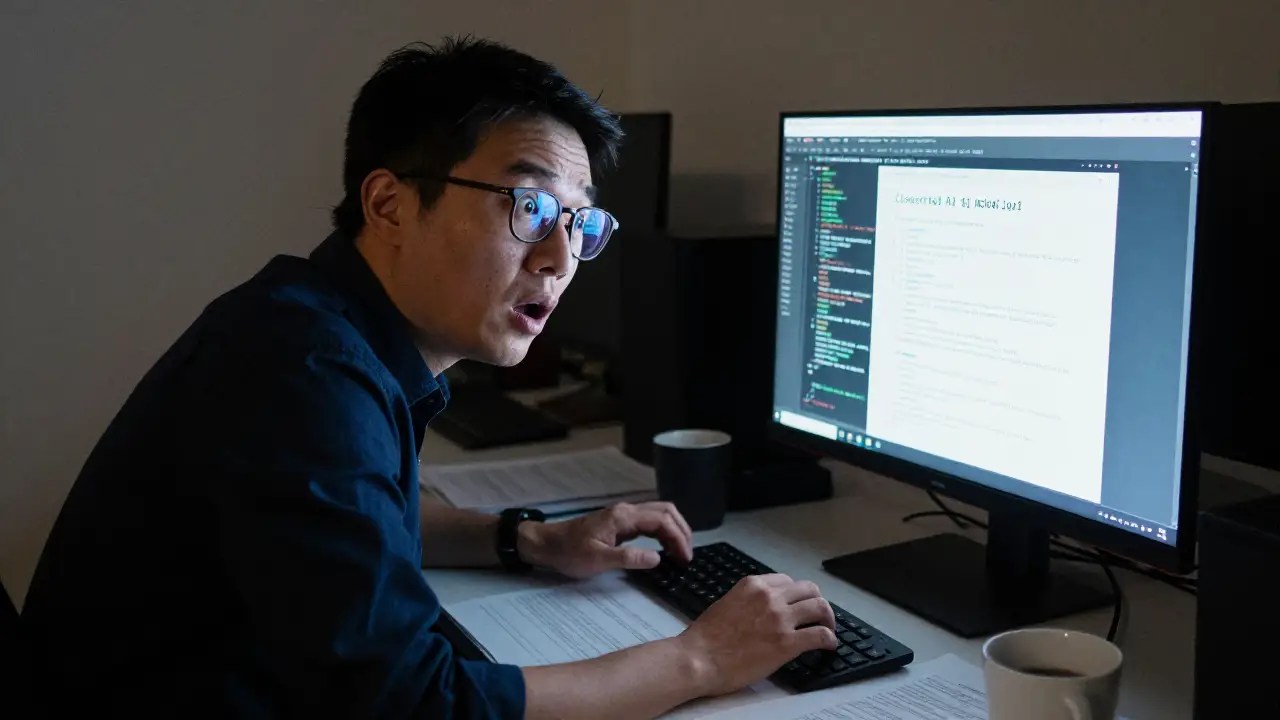 Cybersecurity researcher discovering Anthropic Claude Mythos data leak on laptop at night