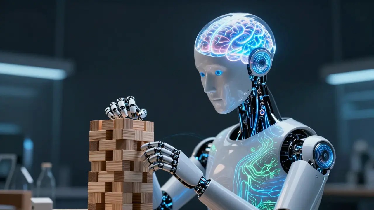 A humanoid robot with a transparent glowing brain solving a wooden block stacking puzzle, representing neuro-symbolic AI efficiency