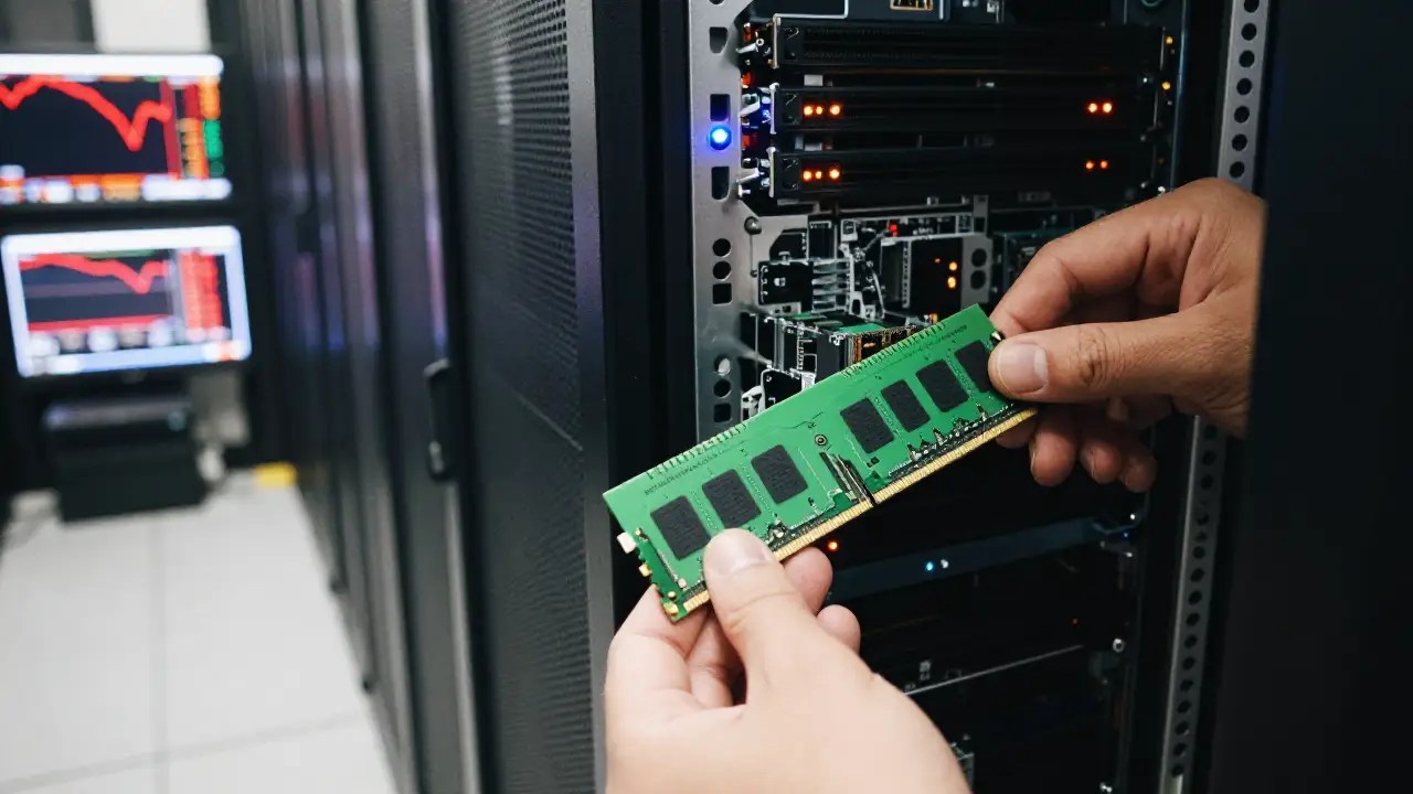 A technician removing DDR5 RAM from a server rack in a data center with declining stock charts visible in the background