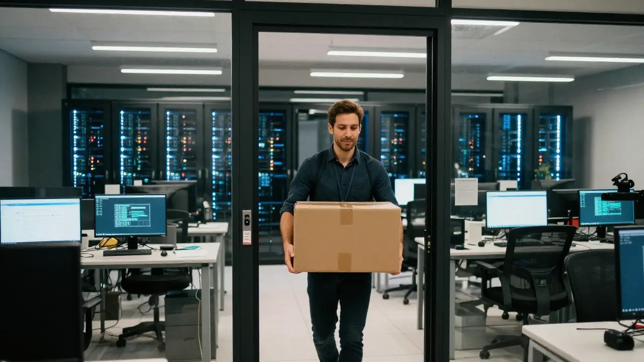 A tech engineer walking out of a data center office at night, symbolizing the xAI cofounder exodus in 2026