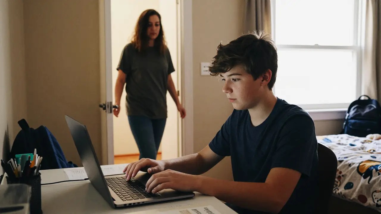Teenager using laptop at home with parent checking in from doorway