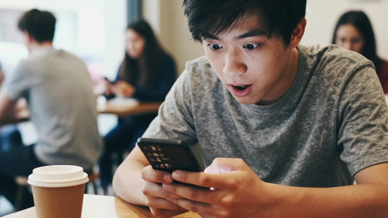 Person staring at phone in shock as a viral rumor about Elon Musk buying OnlyFans spreads across social media