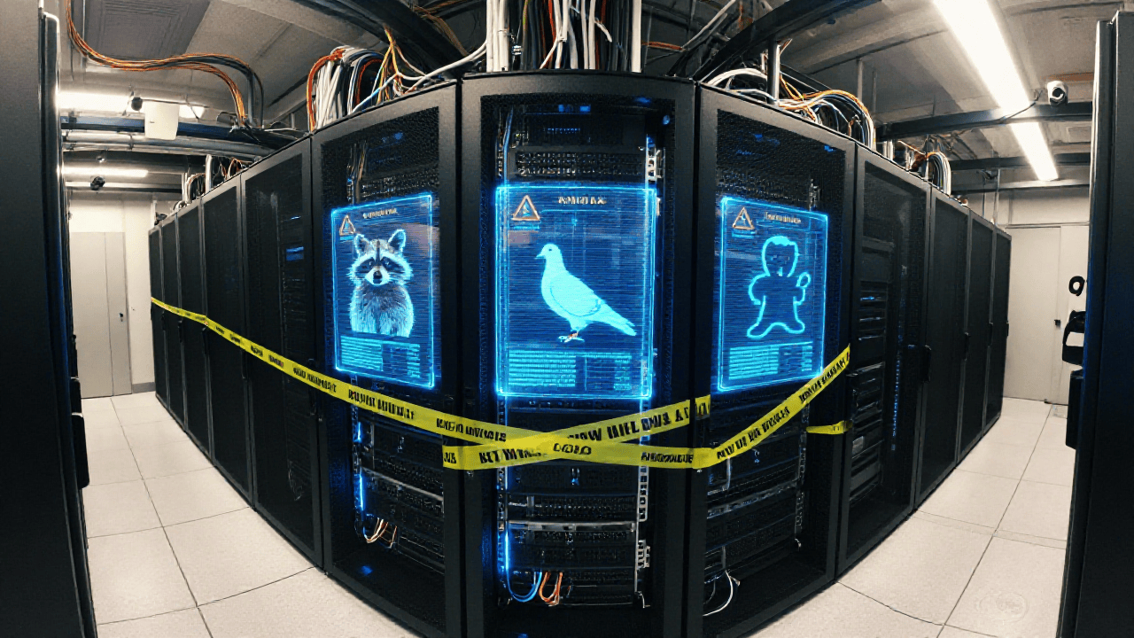 A datacenter server room with holographic warning signs showing forbidden animals — a raccoon, pigeon, and goblin — kept at bay by glowing barriers, representing GPT-5.5's system prompt restrictions