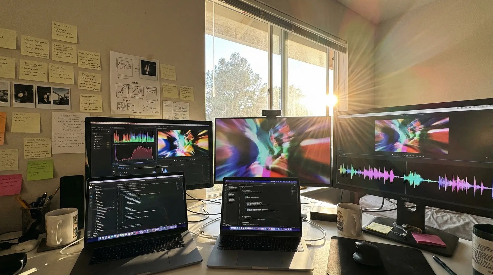 A creative developer workspace with multiple monitors showing AI-generated video clips and music waveforms