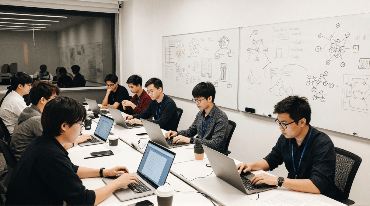 AI research team working late in startup office with whiteboards covered in neural network diagrams and architecture sketches