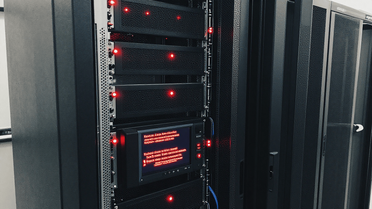 Linux server rack with red warning lights in data center showing cybersecurity alert displays