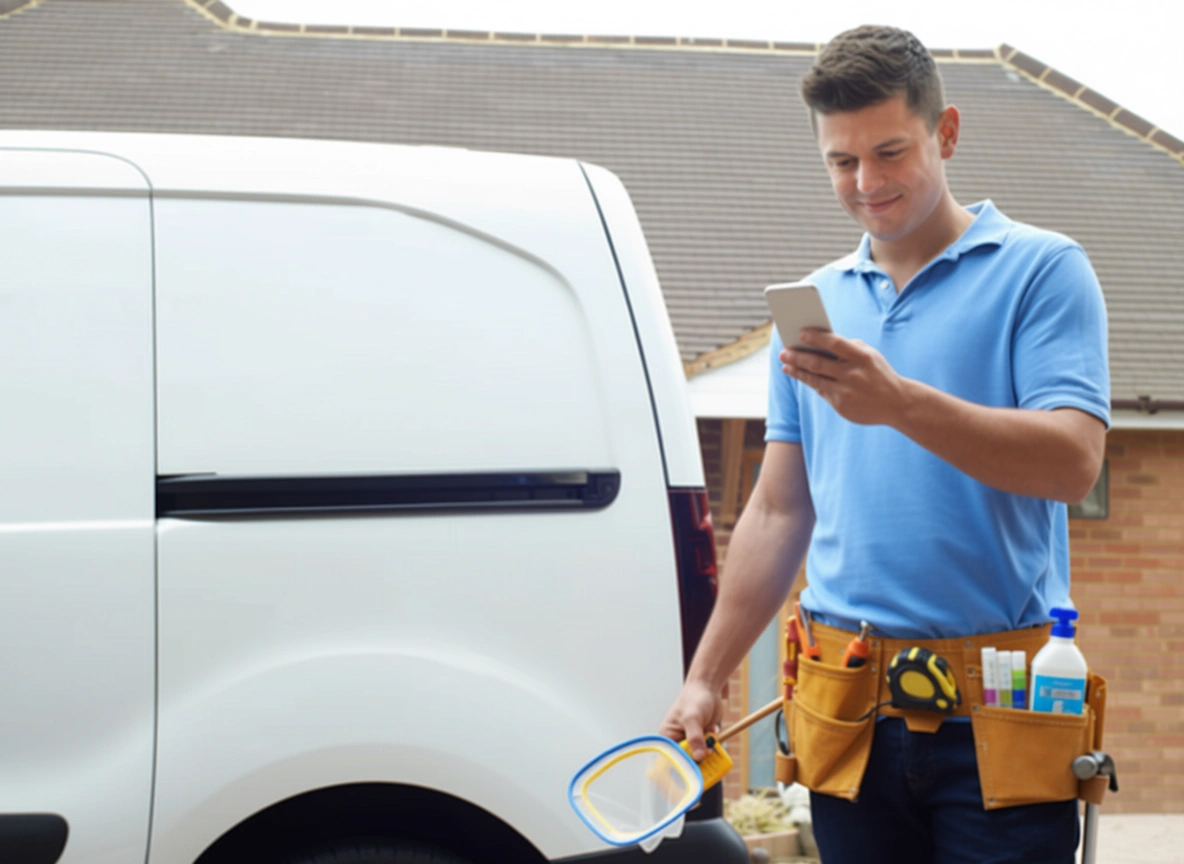 Pool service technician using a mobile device beside a service vehicle