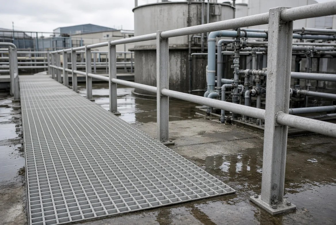 FRP grating walkway and handrail at an industrial water treatment facility