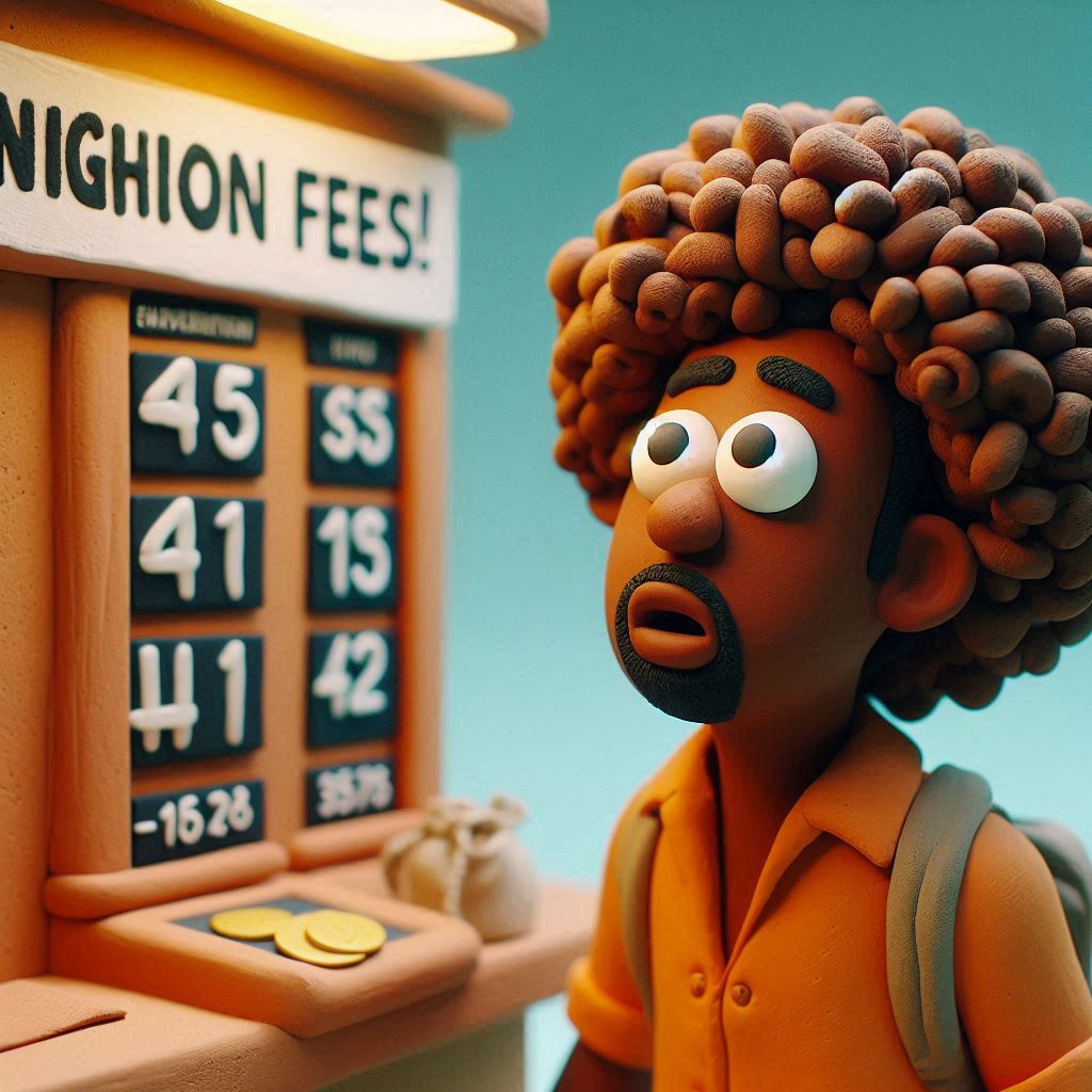 traveler at an airport exchange counter, shocked by high fees.