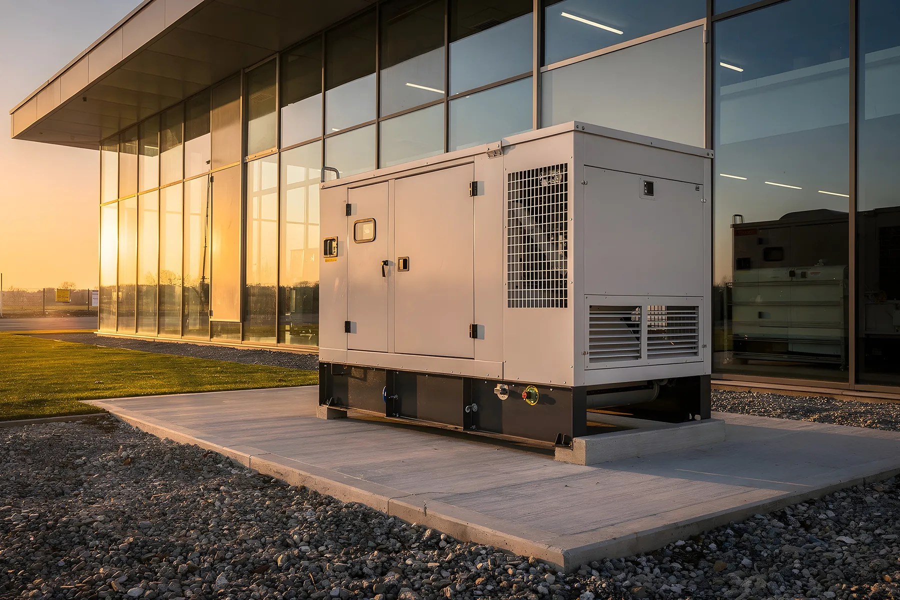 Standby generator outside a commercial building at sunset
