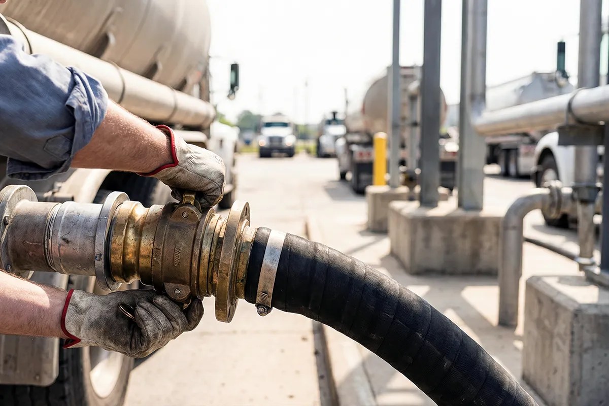 Worker connecting a fuel transfer hose at a commercial fueling facility