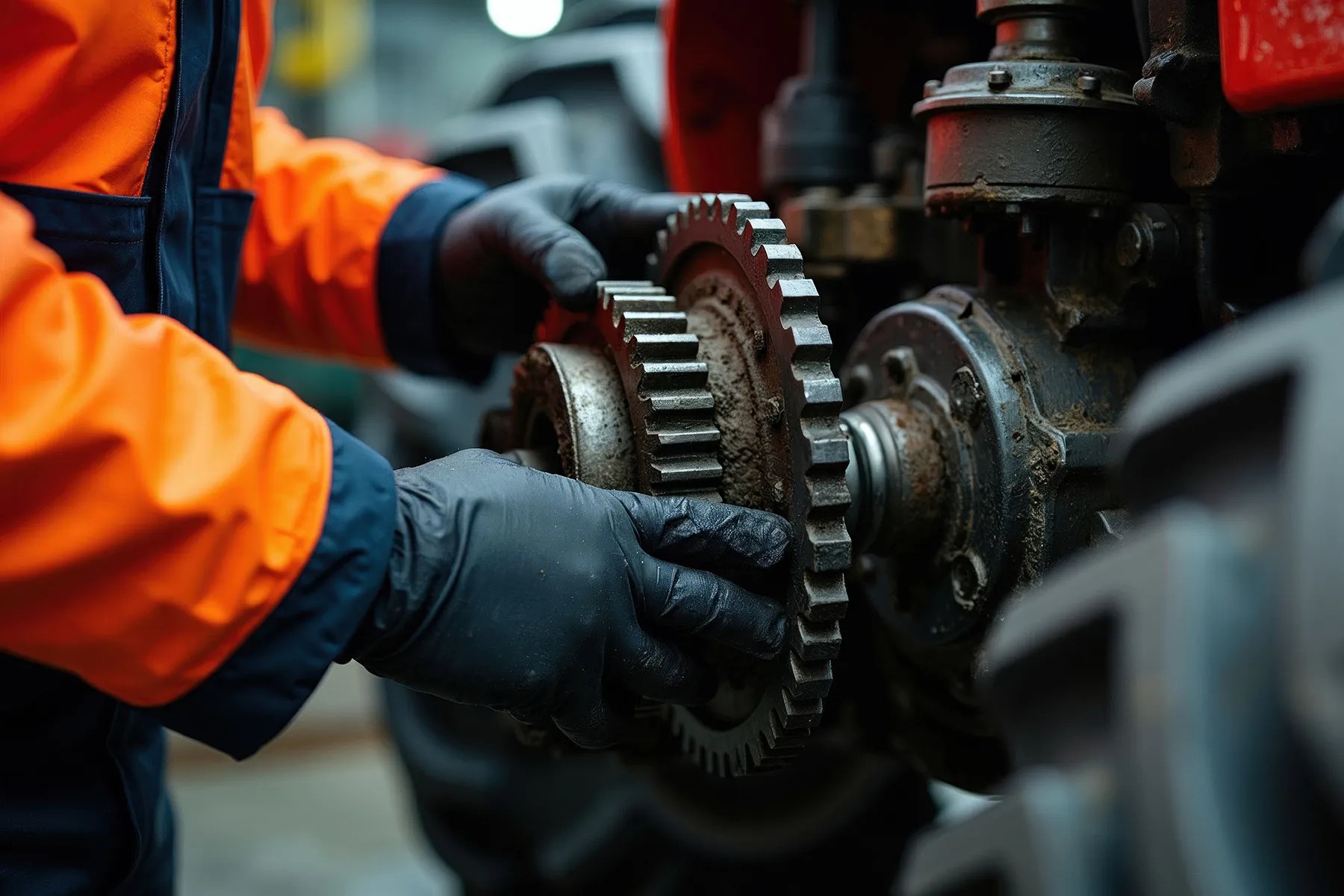 Technician servicing a greased gear assembly on industrial equipment