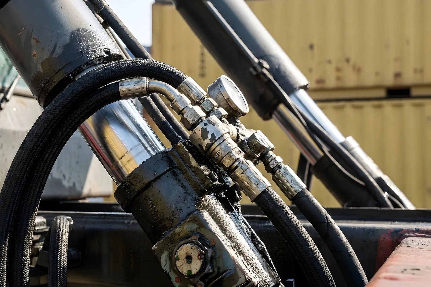 Hydraulic cylinder, hoses, fittings and pressure gauge on working equipment