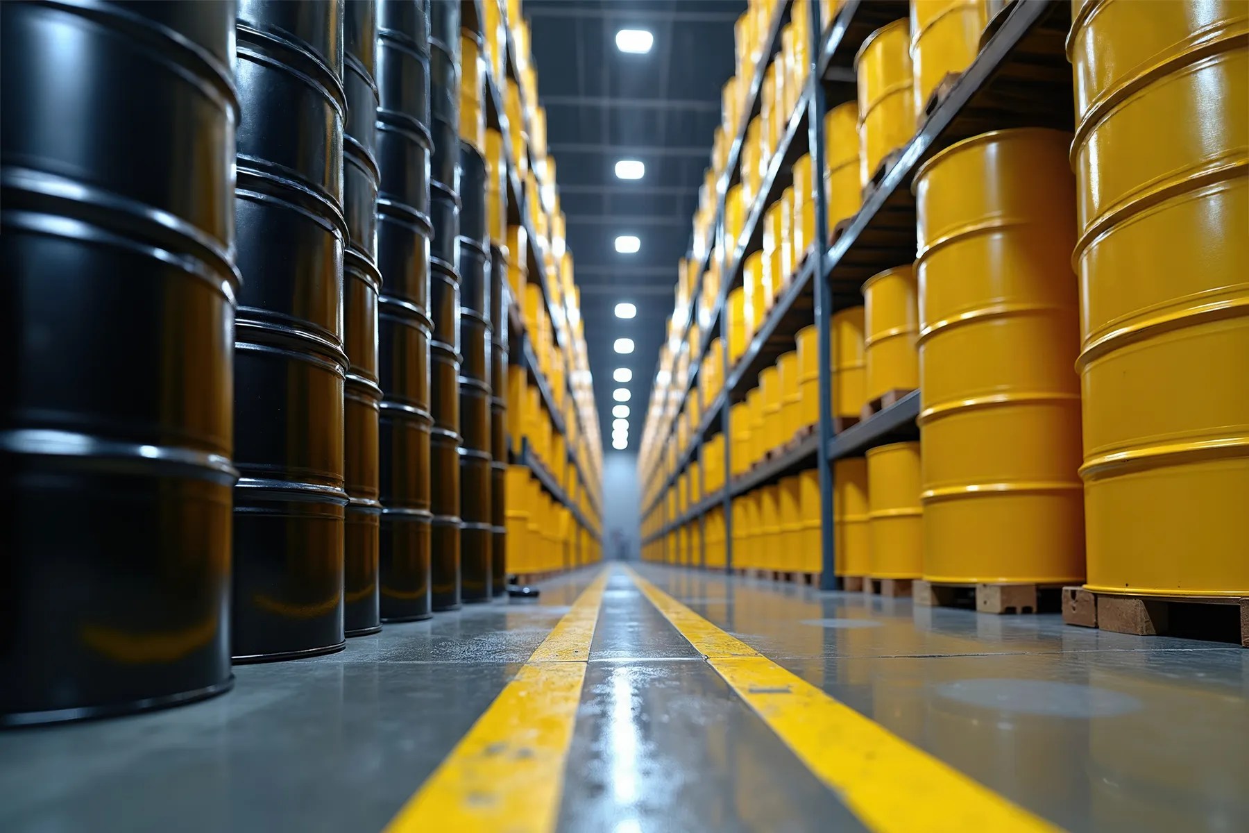 Rows of industrial lubricant drums stored in a warehouse