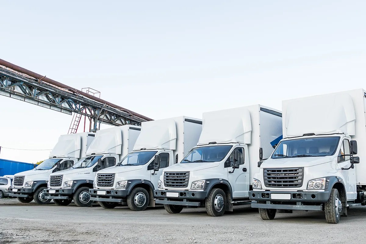 Lineup of commercial fleet trucks at an industrial yard