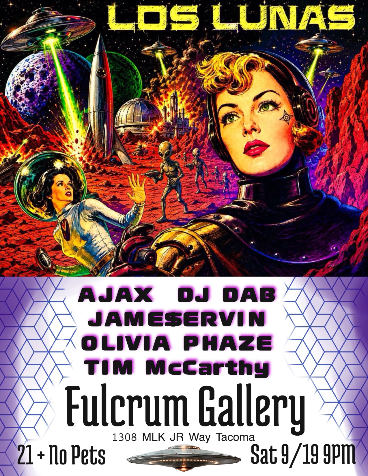 Show poster for a DJ effect depicting a classic 1950s style woman in a space suit