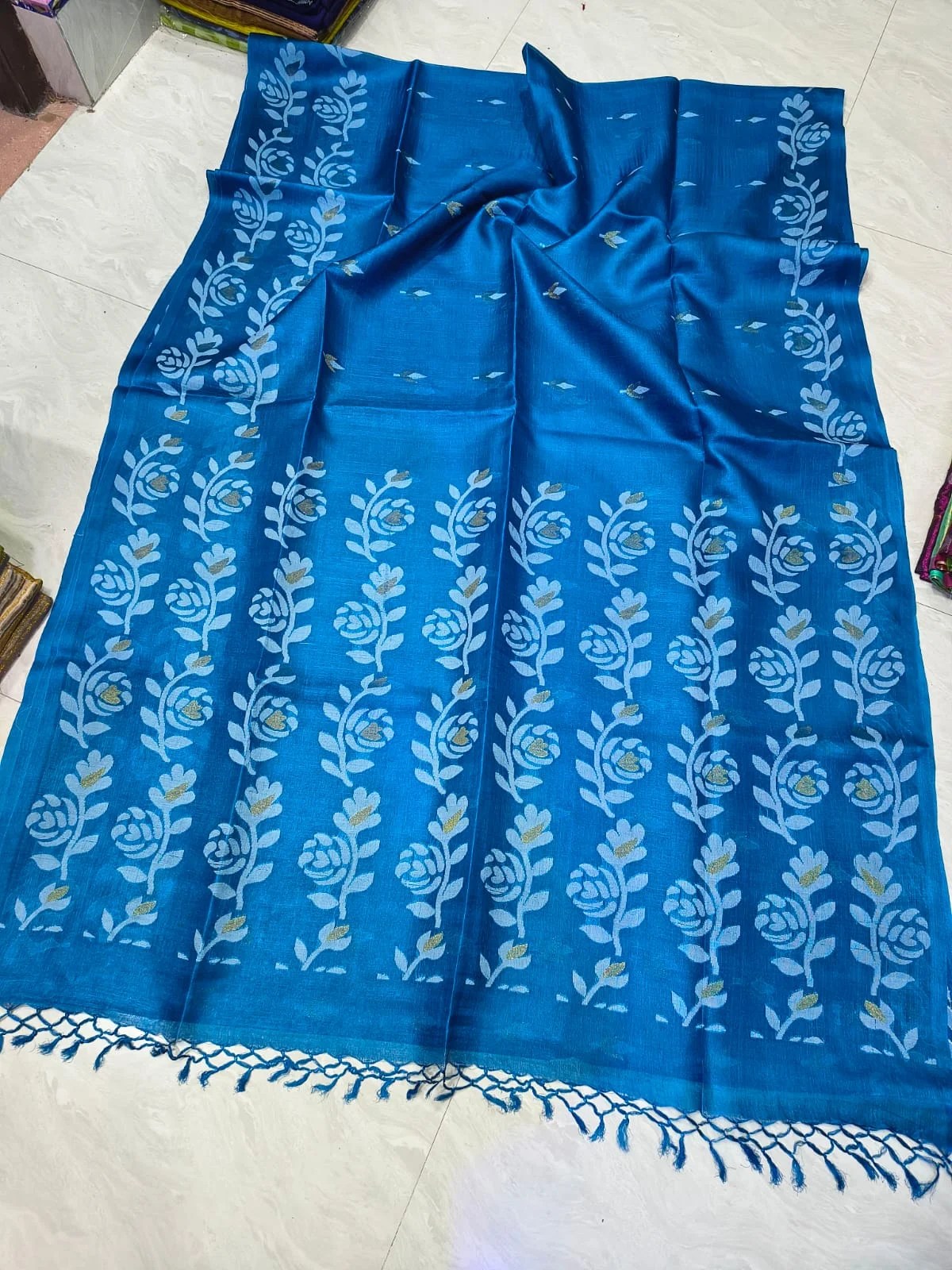 Water Blue Pure Tussar By Tussar Handloom Jamdani Sari With Blouse Piece