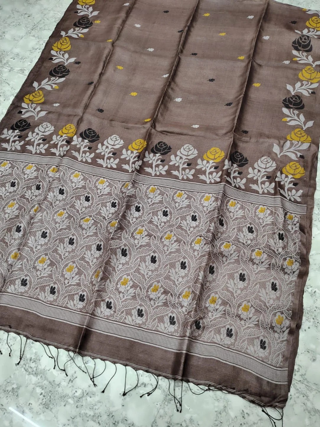 Coffee Handloom Pure Gachi Tussar Dhakai Jamdani Saree with Blouse Piece