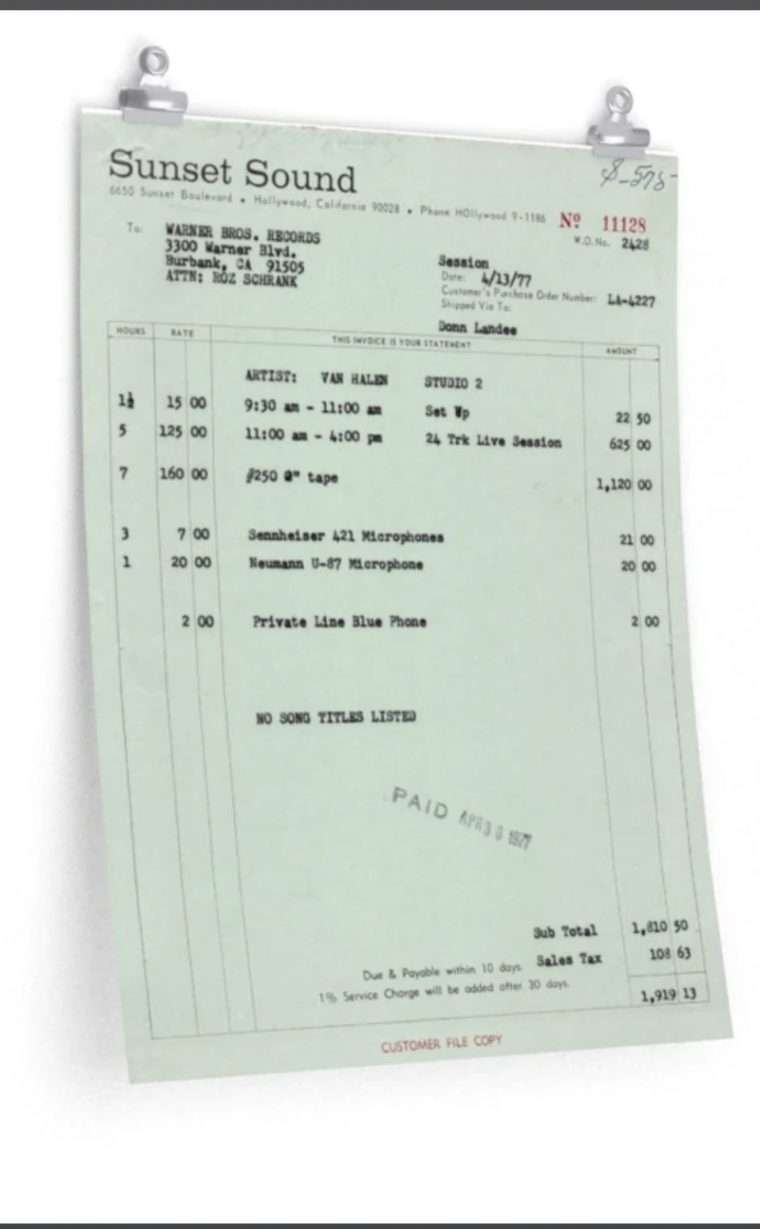 Van Halen/Sunset Sound Studio 2 Receipt from 1977 – full in bloom