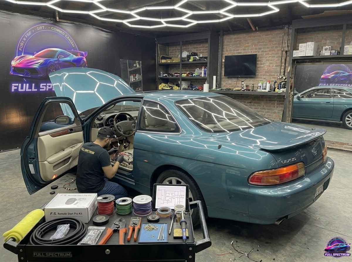 A technician installing a remote start system to a green luxury coupe at Full Spectrum Tints in Queens NY. 