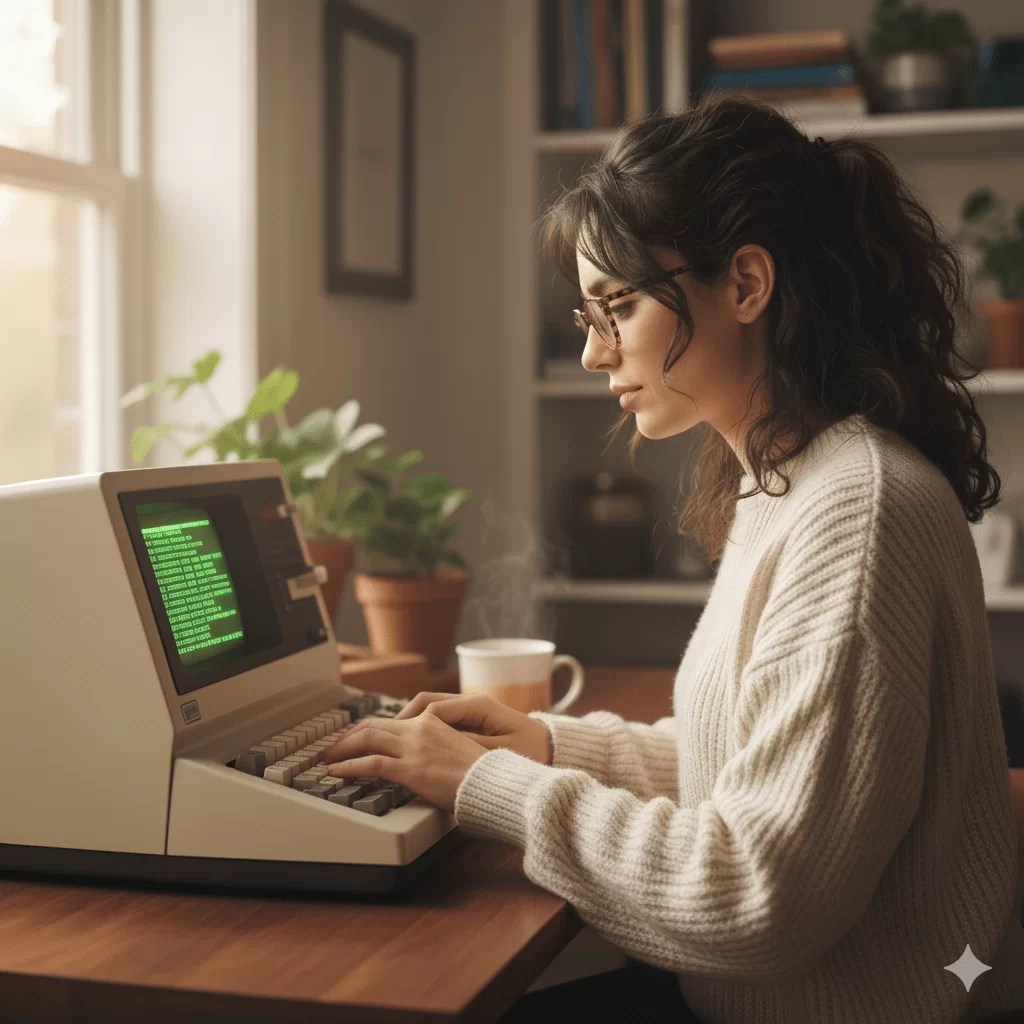 woman typing on a retro-inspired word processor - Generated with AI