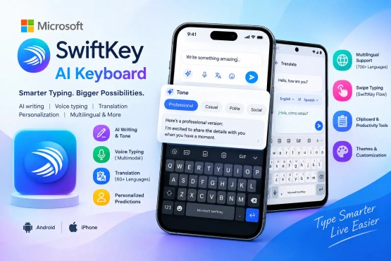 Microsoft SwiftKey AI Keyboard with AI writing, voice typing, translation, and personalized typing features