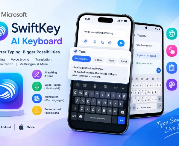 Microsoft SwiftKey AI Keyboard with AI writing, voice typing, translation, and personalized typing features