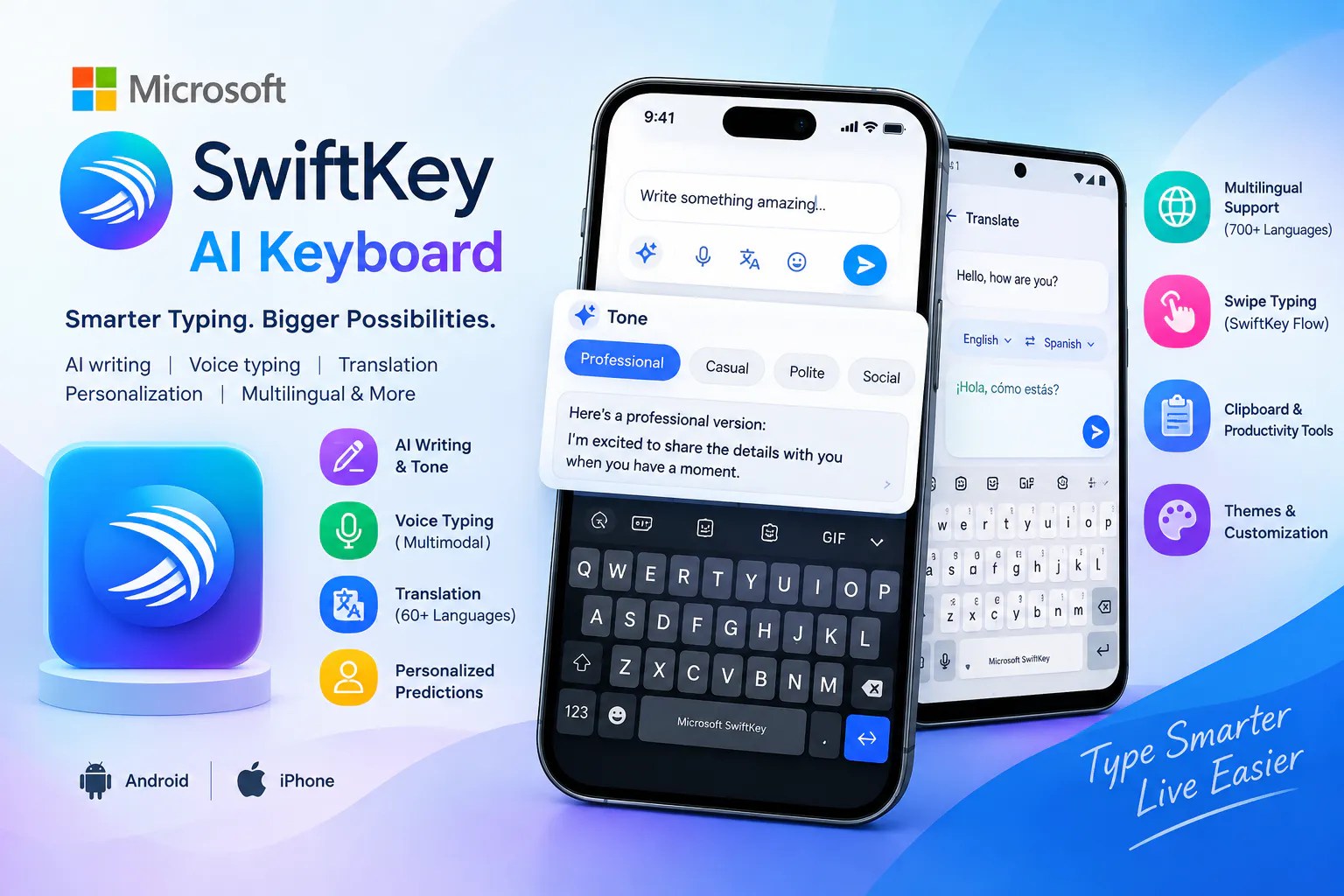 Microsoft SwiftKey AI Keyboard with AI writing, voice typing, translation, and personalized typing features