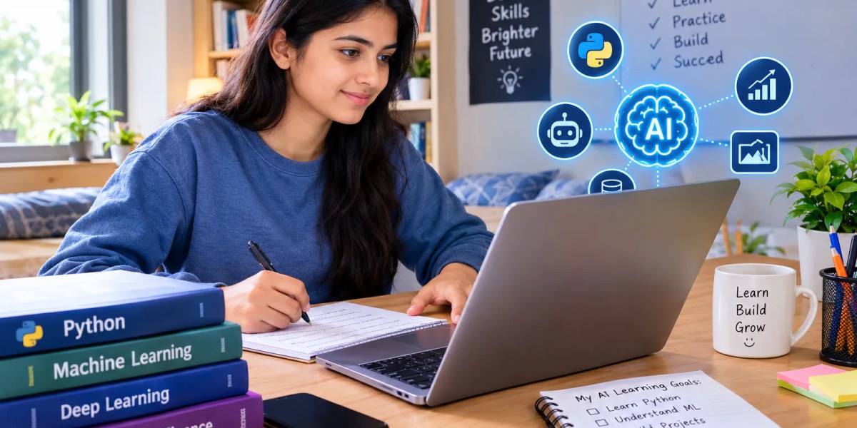 Student learning artificial intelligence at home using a laptop, Python programming, and machine learning resources.