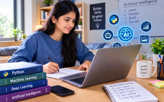 Student learning artificial intelligence at home using a laptop, Python programming, and machine learning resources.