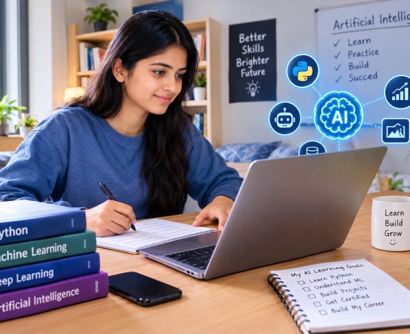 Student learning artificial intelligence at home using a laptop, Python programming, and machine learning resources.