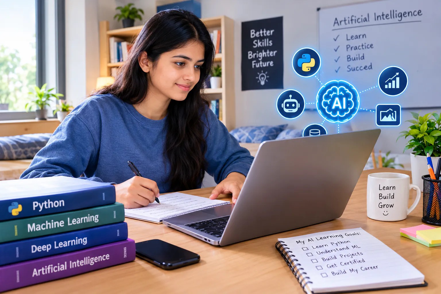Student learning artificial intelligence at home using a laptop, Python programming, and machine learning resources.
