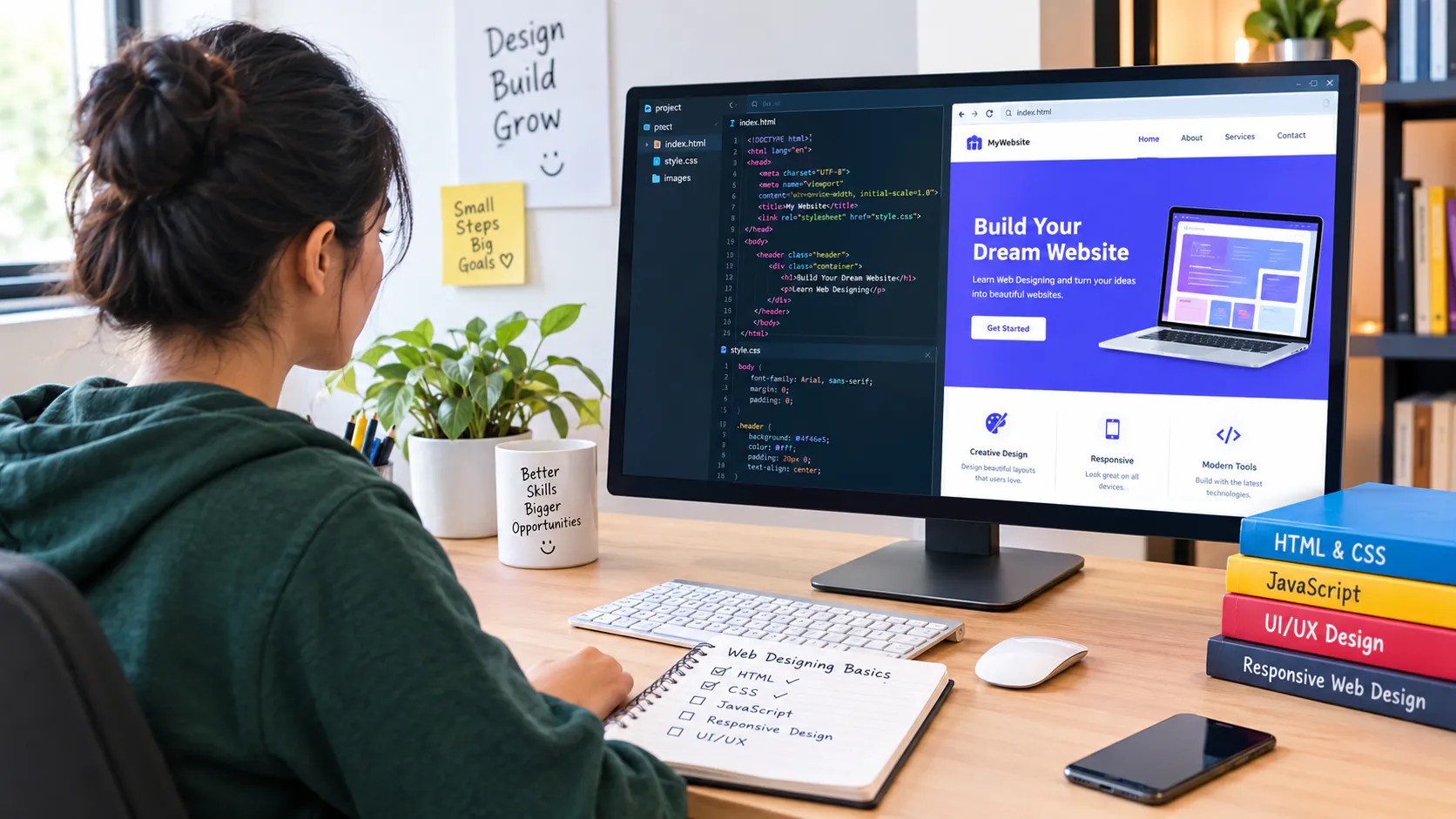 Beginner learning a web designing course with HTML, CSS, responsive design, and website development tools.